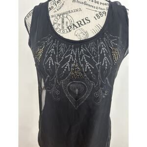 Cynthia Rowley Black Sheer Embroidered Tank Dark Romantic Boho Lux Size Large